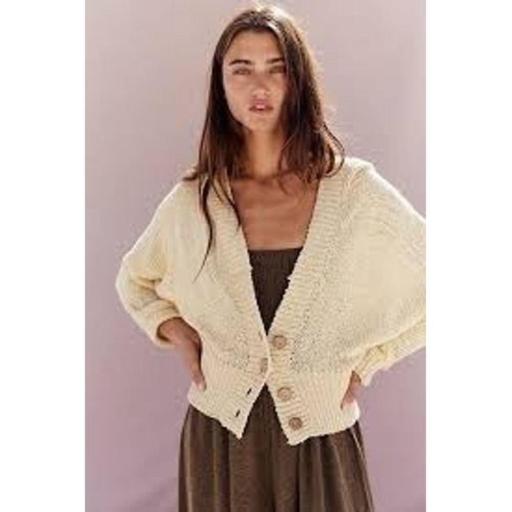 Free People FP Beach Sandra Hooded Cardigan Women Medium Butter Yellow  Crop M